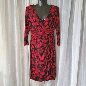 Red 3/4 sleeve floral print midi dress